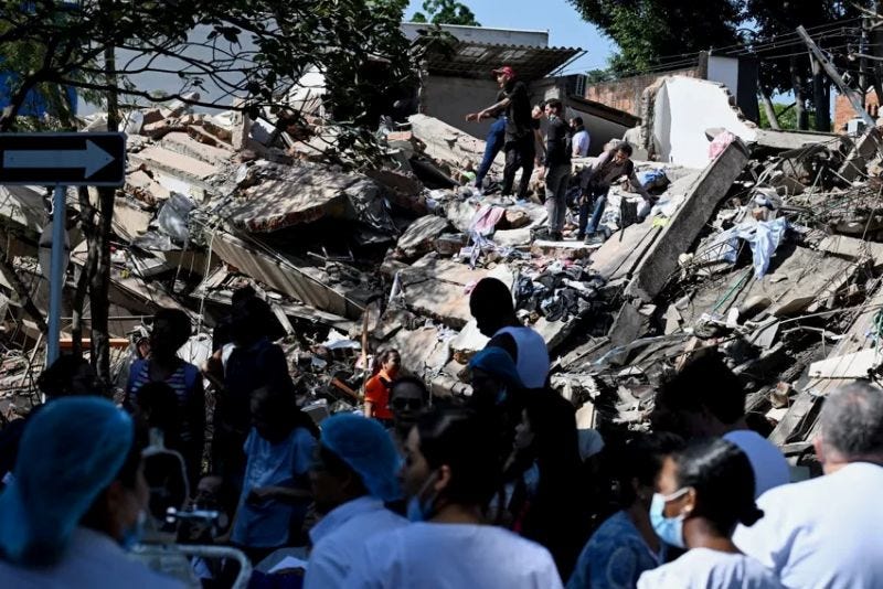 People work on a collapsed building after an earthquake in Cali, Colombia on August 10, 2026. A powerful earthquake rocked Colombia and neighboring Latin American countries on August 10, 2026, with medical teams rushing to help victims after buildings were damaged or collapsed in several cities. | Joaquin SARMIENTO / AFP via Getty Images (The Christian Post)