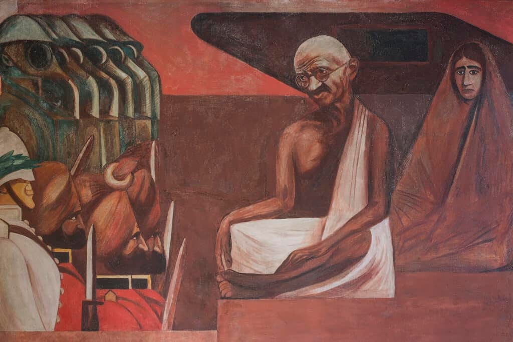 Mural painting of soldiers in gas masks and soldiers in turbans bearing sabres facing Gandhi and Sorojini Naidu Mural painting of soldiers in gas masks and soldiers in turbans bearing sabres facing Gandhi and Sorojini Naidu