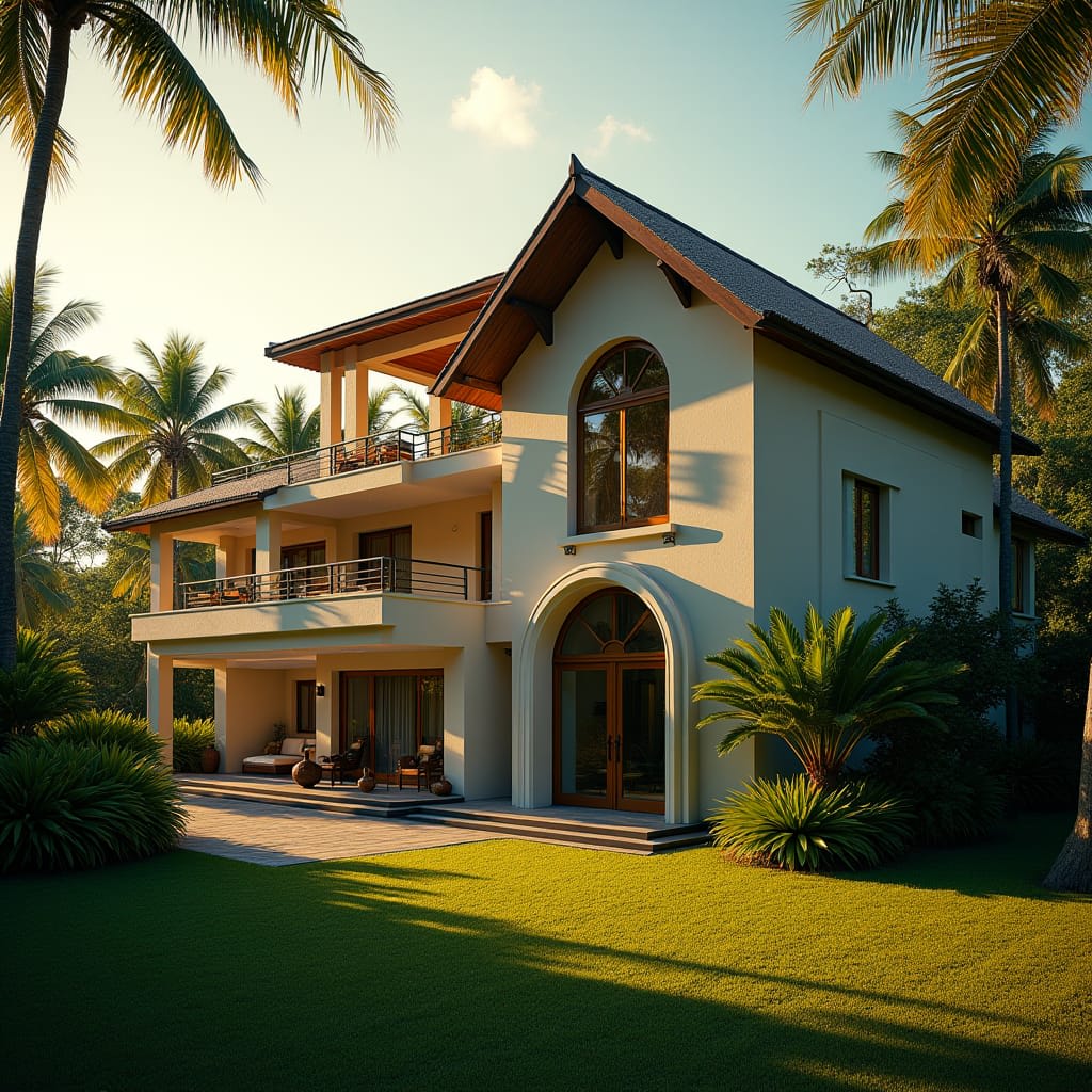Majestic modern Jamaican property with a distinctive Dutch Gable Roof, set against a lush tropical backdrop, warm sunlight casting long shadows across the facade, evoking a sense of serenity and grandeur.