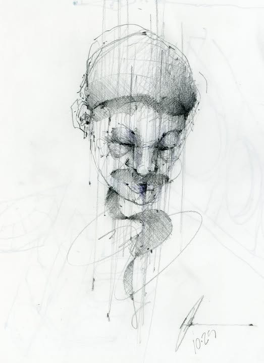 A sketch of a silent, withdrawn man on the train (B & W ink)- MO Bolbeisi, 2025. Dark large eyes, closed and swollen.