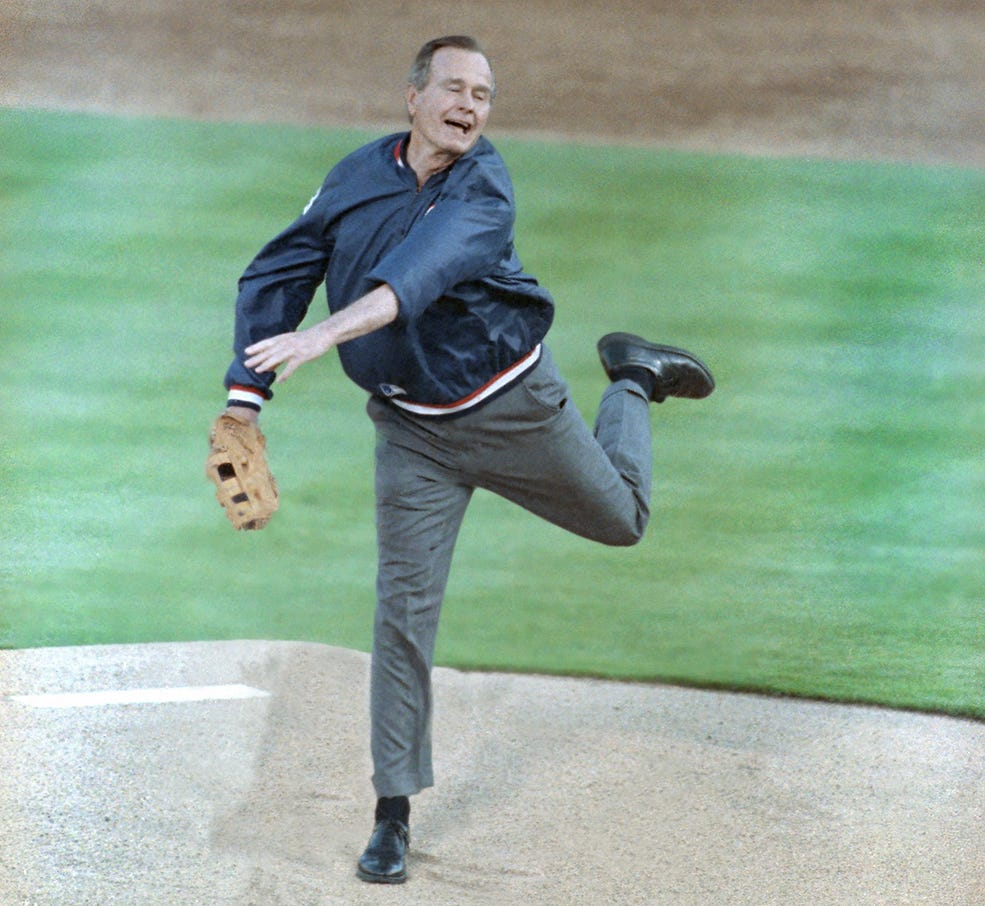 George H. W. Bush awkwardly chucking out a first pitch. George H. W. Bush awkwardly chucking out a first pitch.