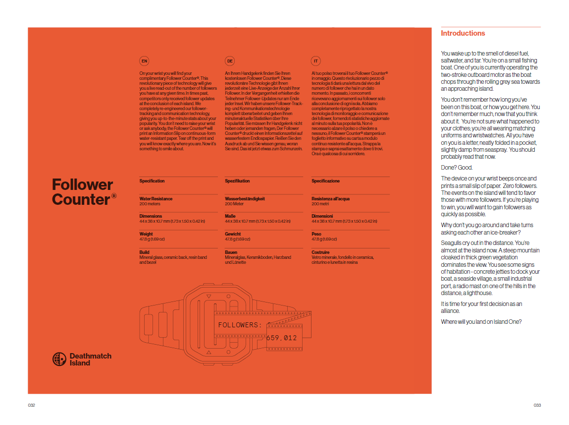 A spread from Deathmatch Island, an upcoming game from Old Dog Games and Evil Hat. On the left 2/3s of the spread is a large orange box with text laid out like a manual for a piece of technology, and on the right is a sidebar with a short introduction. All is in a clean sans-serif font.
