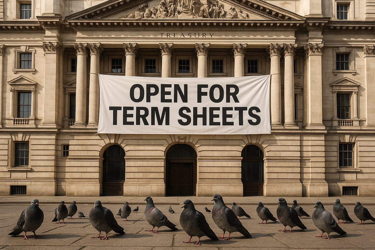 Pigeons Unimpressed by OPEN Sign, Treasury Building
