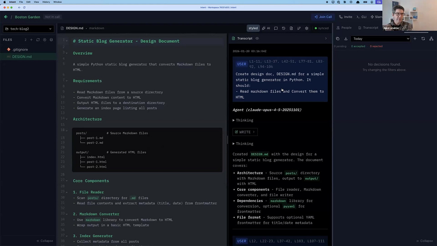A screenshot of the SpecStory Arena tool, showing a design document on the left and the corresponding AI chat transcript on the right.