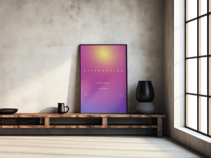 Light-coded poster “Diffraction” hanging in a bright, modern interior, sunlight streaming through tall windows. This sacred design speaks through waves of light and intentional storytelling — a shamanic activation disguised as home decor.