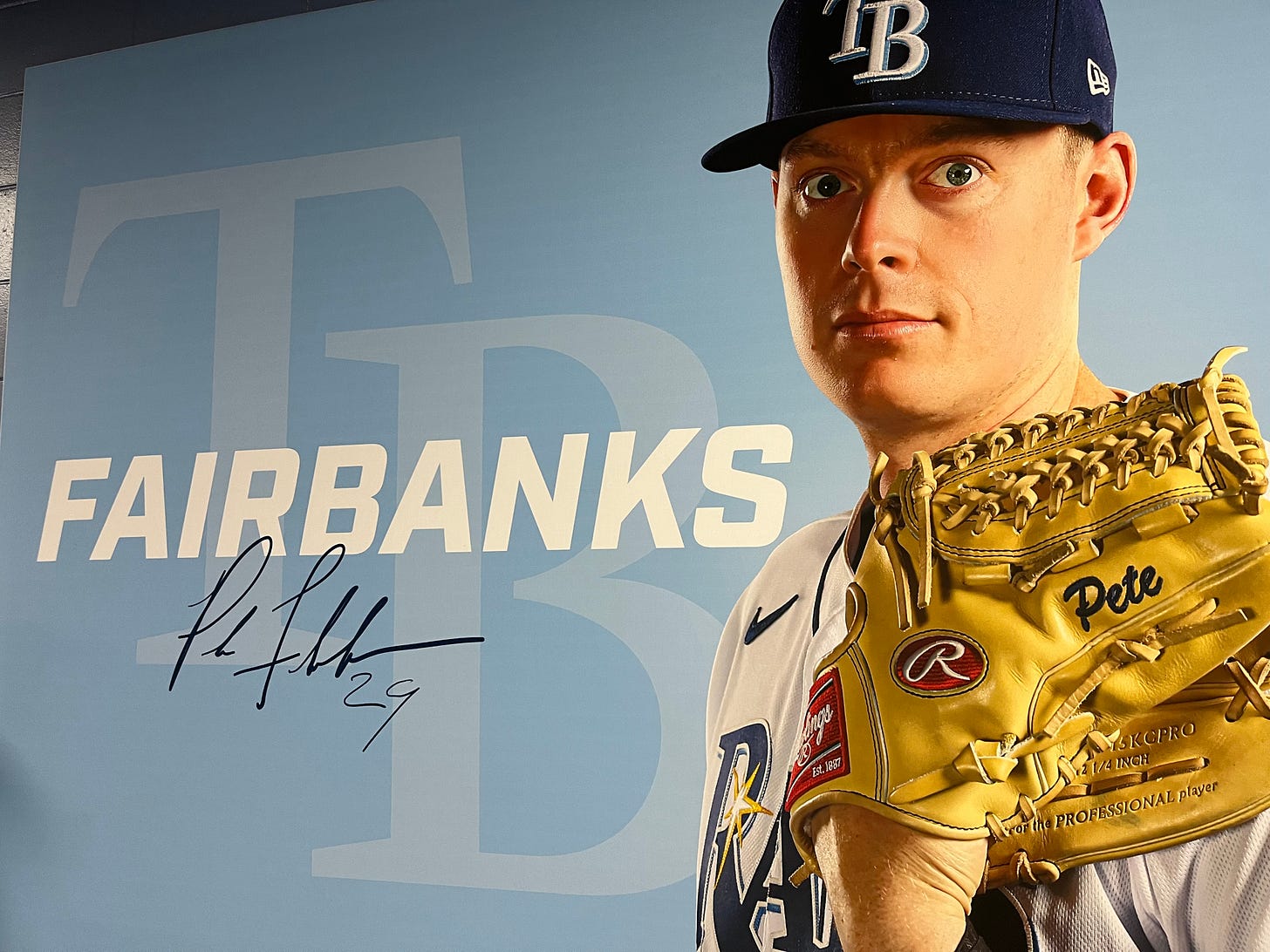 Picture of Pete Fairbanks taken from picture on wall at Tropicana Field, where he has his wide, wild eyes