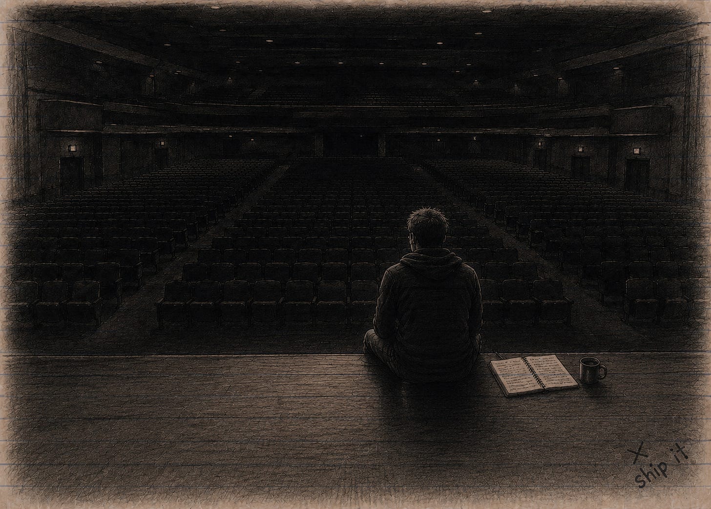 Man sitting alone on a dark theater stage, facing hundreds of empty auditorium seats. An open notebook and coffee mug rest beside him under dim stage lighting, symbolizing reflection, reinvention, and starting over despite years of experience and achievement.