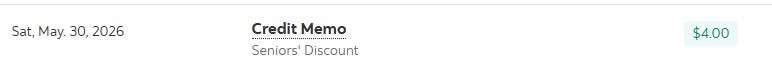 A screenshot from a bank that shows a Senior's Discount of $4 applied to the account.