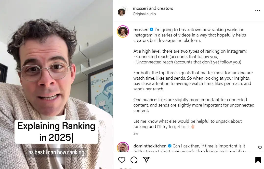 Instagram reel of Adam, the head of Instagram, explaining ranking in 2025 Instagram reel of Adam, the head of Instagram, explaining ranking in 2025