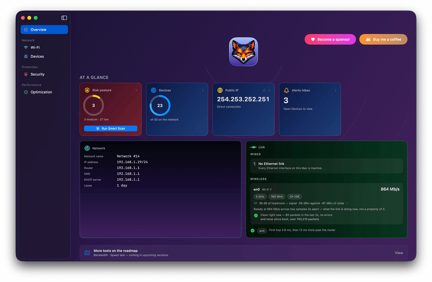 The Netfox Overview with the new Link panel: the wired half, the radio and its headroom, the error counters, and the first-hop split The Netfox Overview with the new Link panel: the wired half, the radio and its headroom, the error counters, and the first-hop split