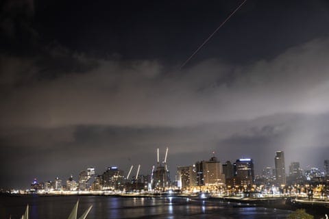 Missiles seen in skies above Tel Aviv. Missiles seen in skies above Tel Aviv.