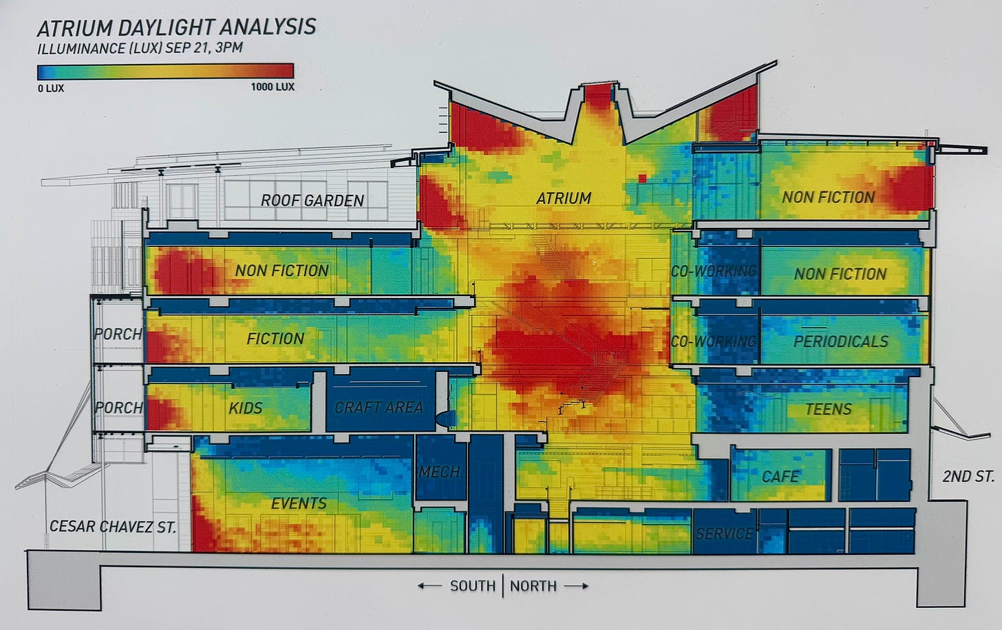 Wall diagram showing architectural elevation of Austin Public Library Central Branch atrium daylight illumination analysis