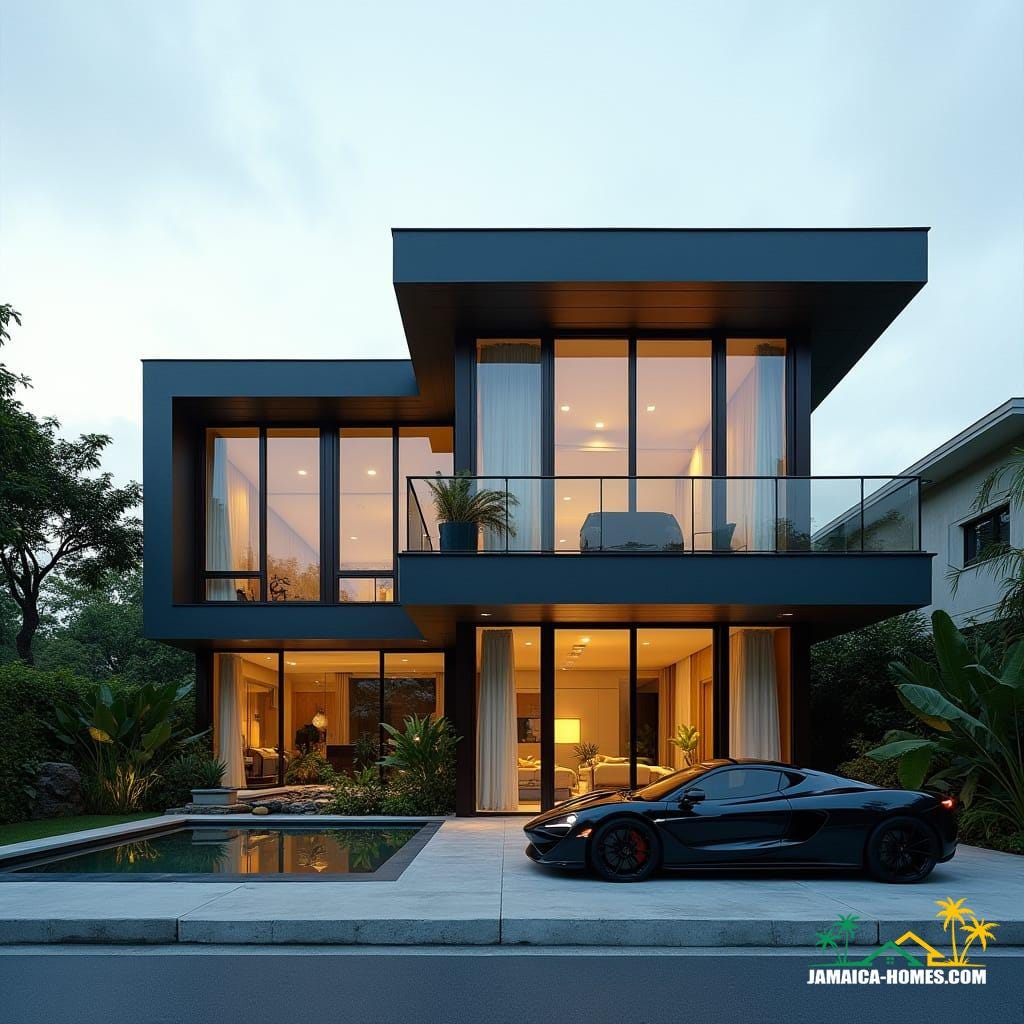 Modern Jamaican townhouse in Kingston, matte black, bold geometric forms, recessed windows, flat roof, protruding entrances, rooftop lounge and spa, geometric landscaping, luxury black supercar, cinematic film still, 35mm film grain, vignette, color graded, cinematic lighting, futuristic urban elegance, inspired by Syd Mead, Antoni Gaudí, and Zaha Hadid's sleek architecture, dramatic contrasts, atmospheric.