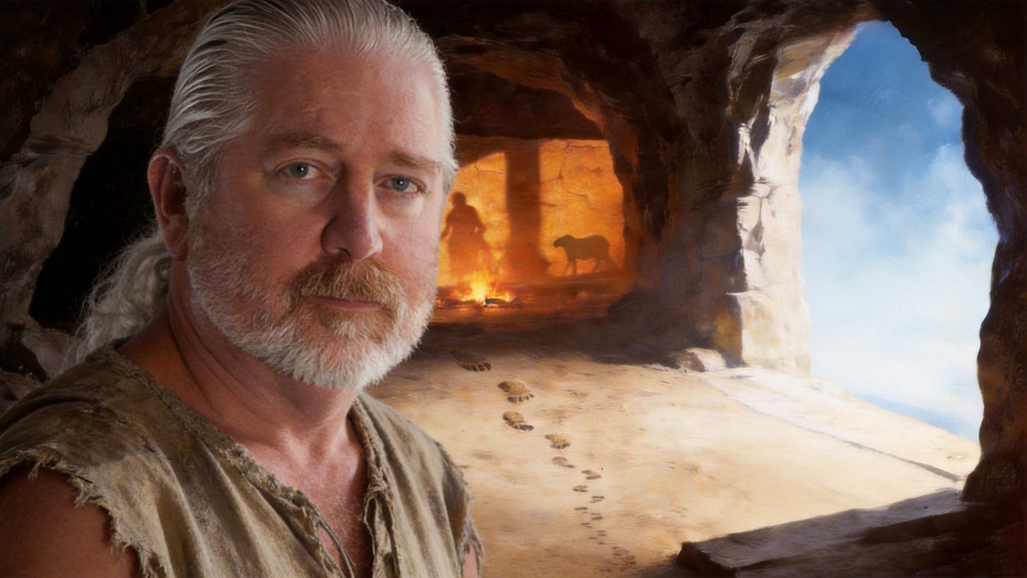 Close portrait of a man with long silver-white hair and short beard in tattered robes, looking directly at the viewer. Behind him, Plato's cave opens to blue sky, with footprints in the sandy floor and shadows cast on the back wall by firelight.