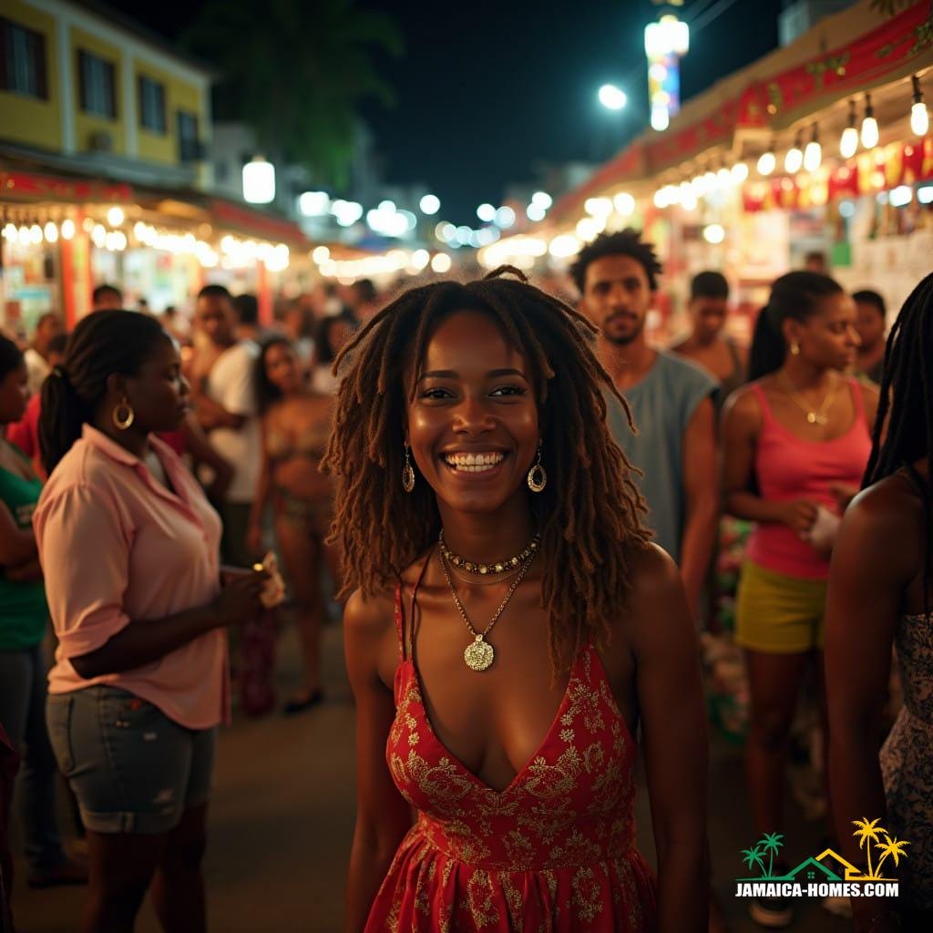 A vibrant and festive scene of Grand Market Night in Jamaica during Christmas. The atmosphere is filled with colorful lights, busy market stalls, and a joyful crowd of people from all backgrounds. Beautiful Jamaican ladies in festive attire, some with dreadlocks, and men, including some with dreadlocks, are enjoying the celebration. They are laughing, shopping, and embracing the lively energy of the holiday season, surrounded by decorations and music, creating a sense of togetherness and joy.
