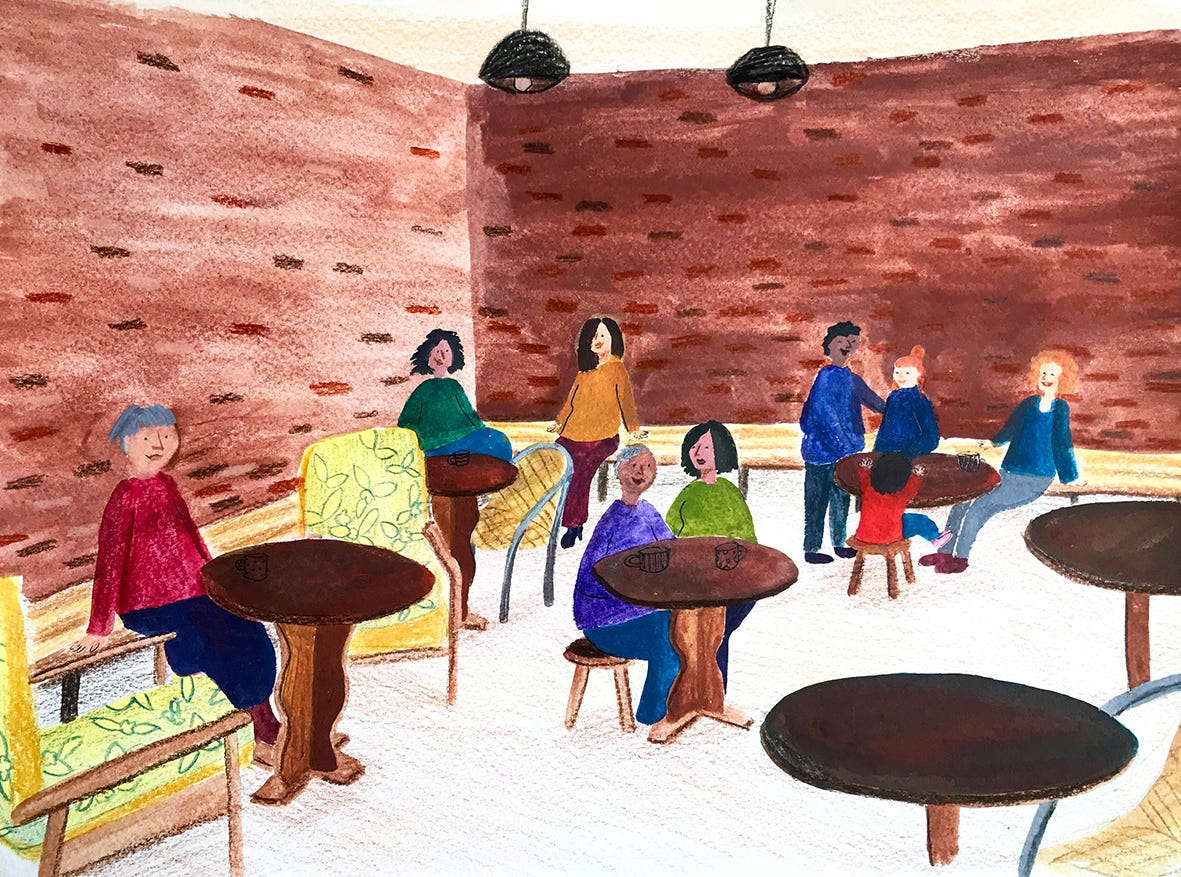 a close up of the painting of the cafe made with gouache paint and colouring pencils a close up of the painting of the cafe made with gouache paint and colouring pencils