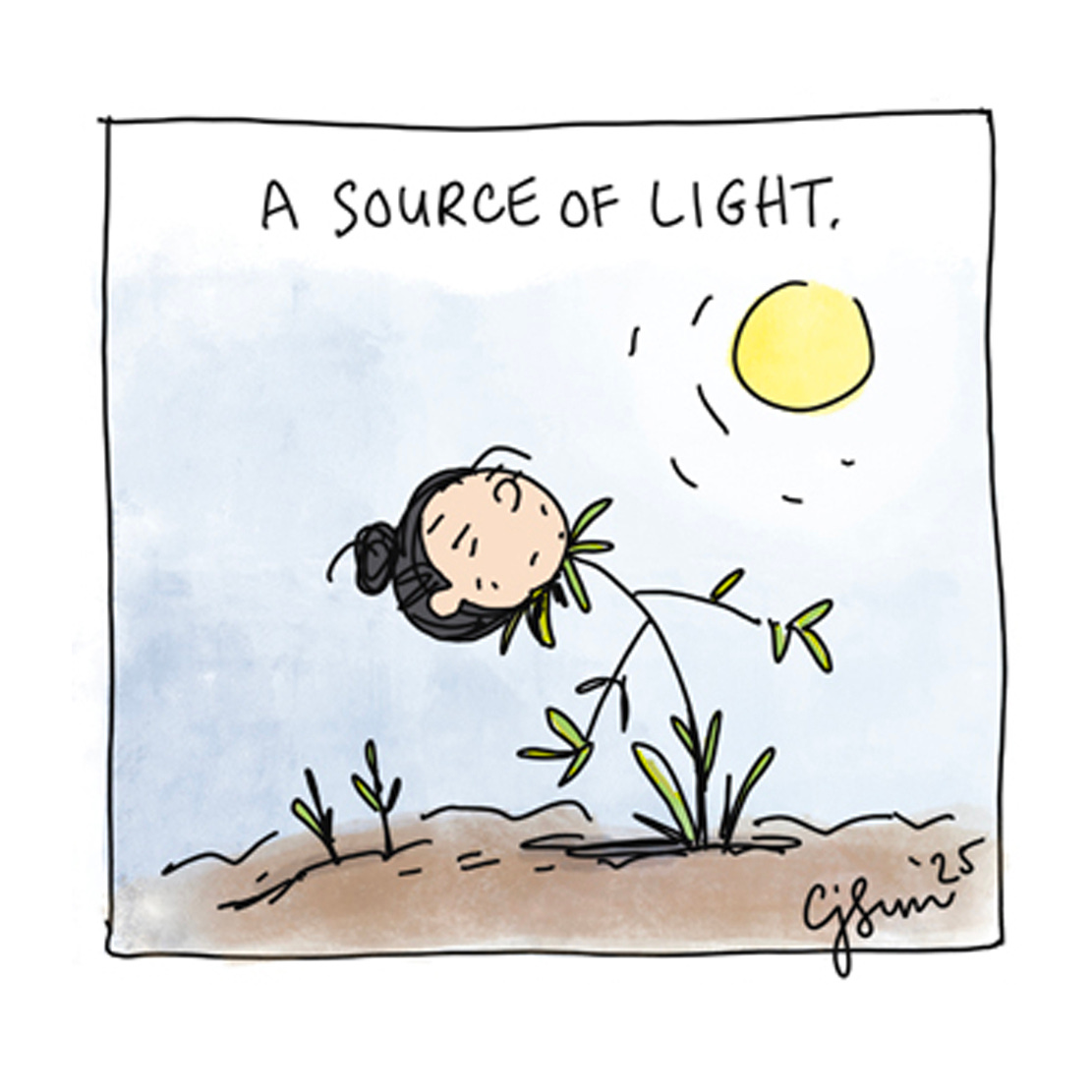 Panel 4 of 6-panel comic strip about recovering from depression over time. The panels illustrate a wilted plant in darkness, getting water and light, little by little, everyday. Titled "How I Got Better," by Connie Sun, cartoonconnie, 2025. 