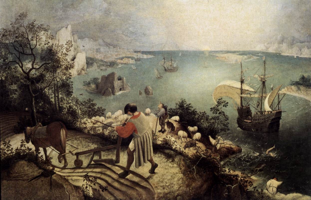Landscape with the Fall of Icarus, canvas, after a lost original of the late 1550s attributed to Pieter Bruegel the Elder. Royal Museums of Fine Arts of Belgium, Brussels. Landscape with the Fall of Icarus, canvas, after a lost original of the late 1550s attributed to Pieter Bruegel the Elder. Royal Museums of Fine Arts of Belgium, Brussels.