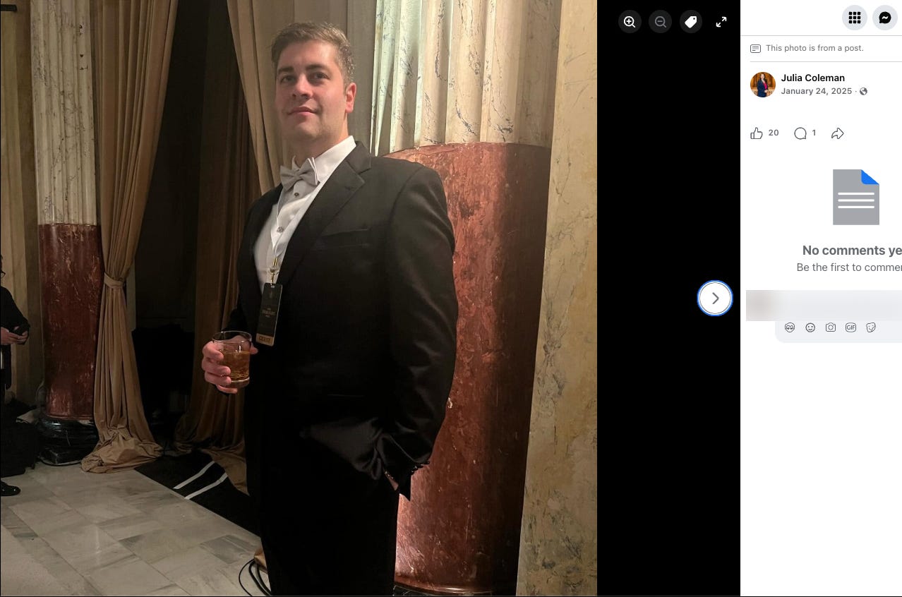Jacob Coleman in eveningwear beside a marble column. Jacob Coleman in eveningwear beside a marble column.