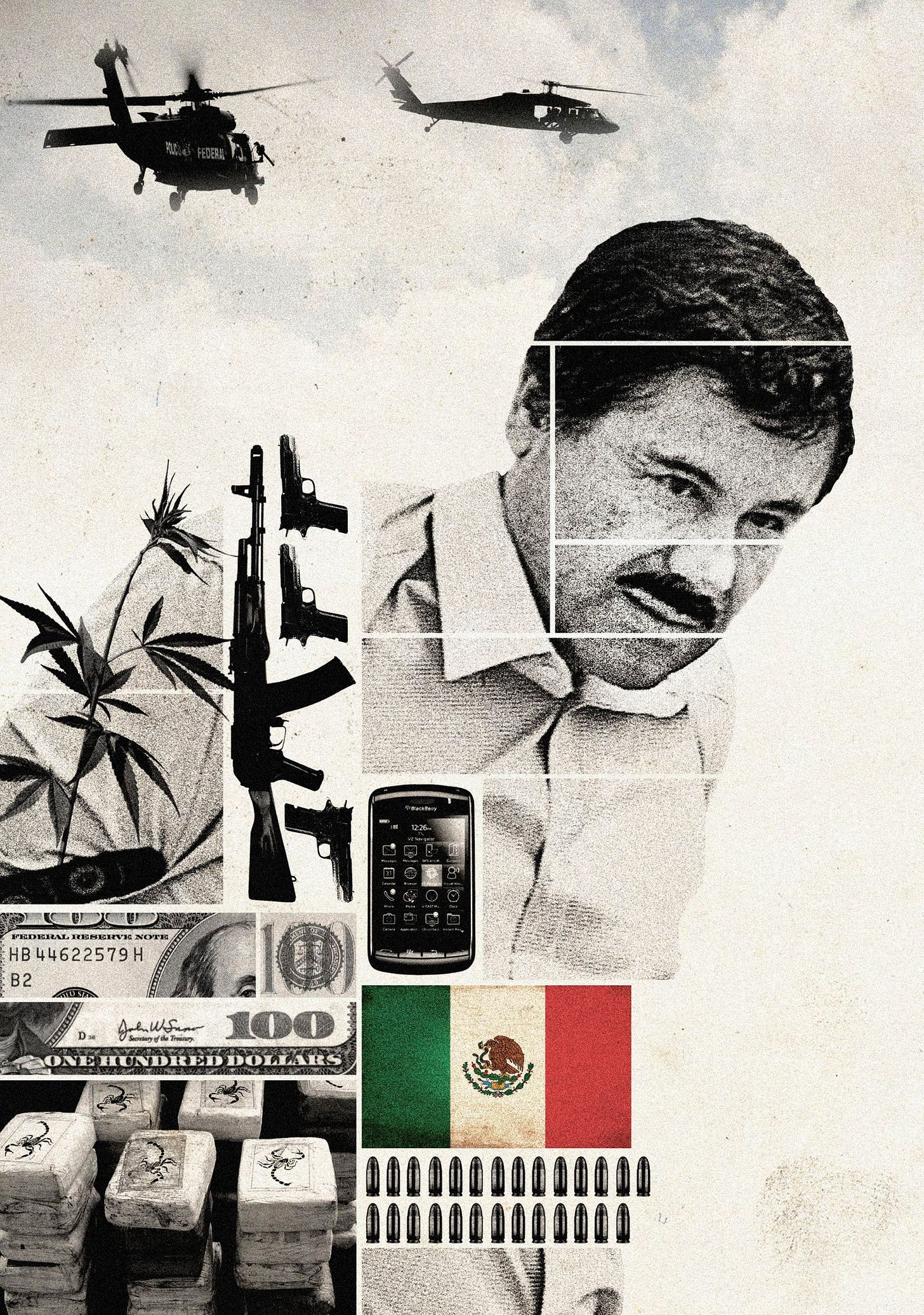 Composite photograph of drugs money guns bullets a flag a phone and El Chapo