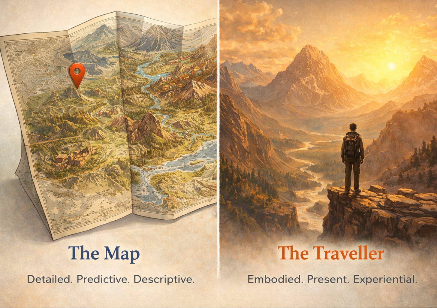 Split illustration contrasting a folded map marked with a location pin on one side and a lone traveller standing in a vast mountain landscape on the other, highlighting the difference between description and lived experience.