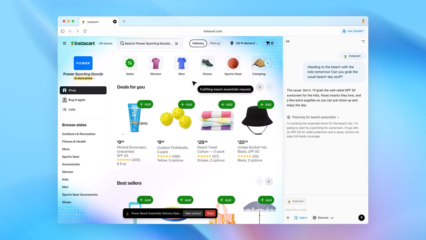 Desktop browser window showing an Instacart integration with ChatGPT. On the left, the Instacart store page for Power Sporting Goods lists categories like Shoes, Sports Gear, and Camping, with product deals including sunscreen, pickleballs, beach towels, and a black bucket hat. On the right, ChatGPT responds to the prompt ‘Heading to the beach with the kids tomorrow! Can you grab the usual beach-day stuff?’ by confirming it’s fulfilling a beach essentials request and explaining its item choices, such as SPF 50 sunscreen.