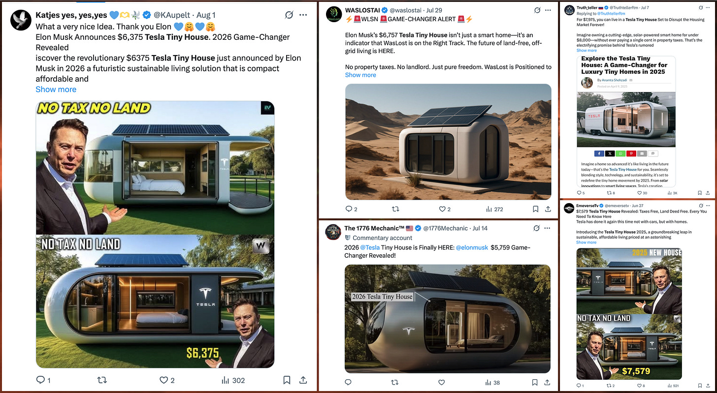 collage of 5 X posts featuring an alleged Tesla Tiny House collage of 5 X posts featuring an alleged Tesla Tiny House