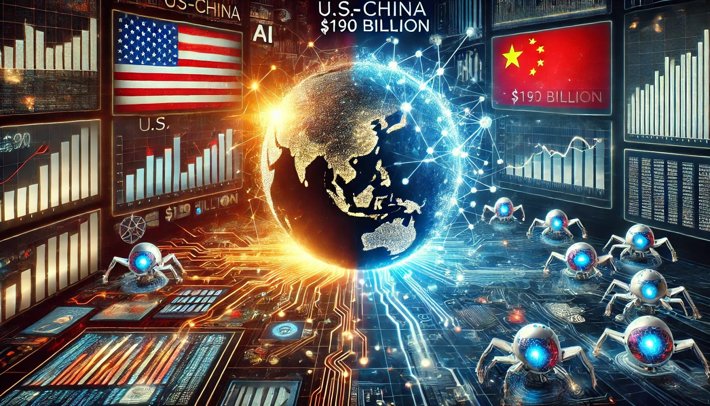 A visually compelling image illustrating U.S.-China AI tensions and their impact on the $190 billion market. The scene shows a split globe with the U.S. and China on opposite sides, connected by glowing data streams representing AI technologies. In the foreground, digital financial charts and tech elements symbolize investment opportunities, with futuristic AI visuals like neural networks and robotic arms highlighting the emerging tech landscape. The aesthetic is sleek, modern, and dynamic.