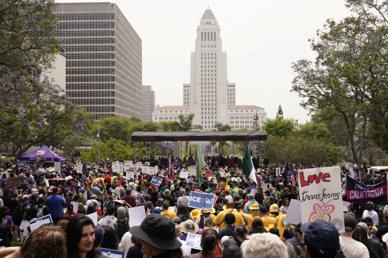 Photograph of protests against ICE in front of Los Angeles City Hall