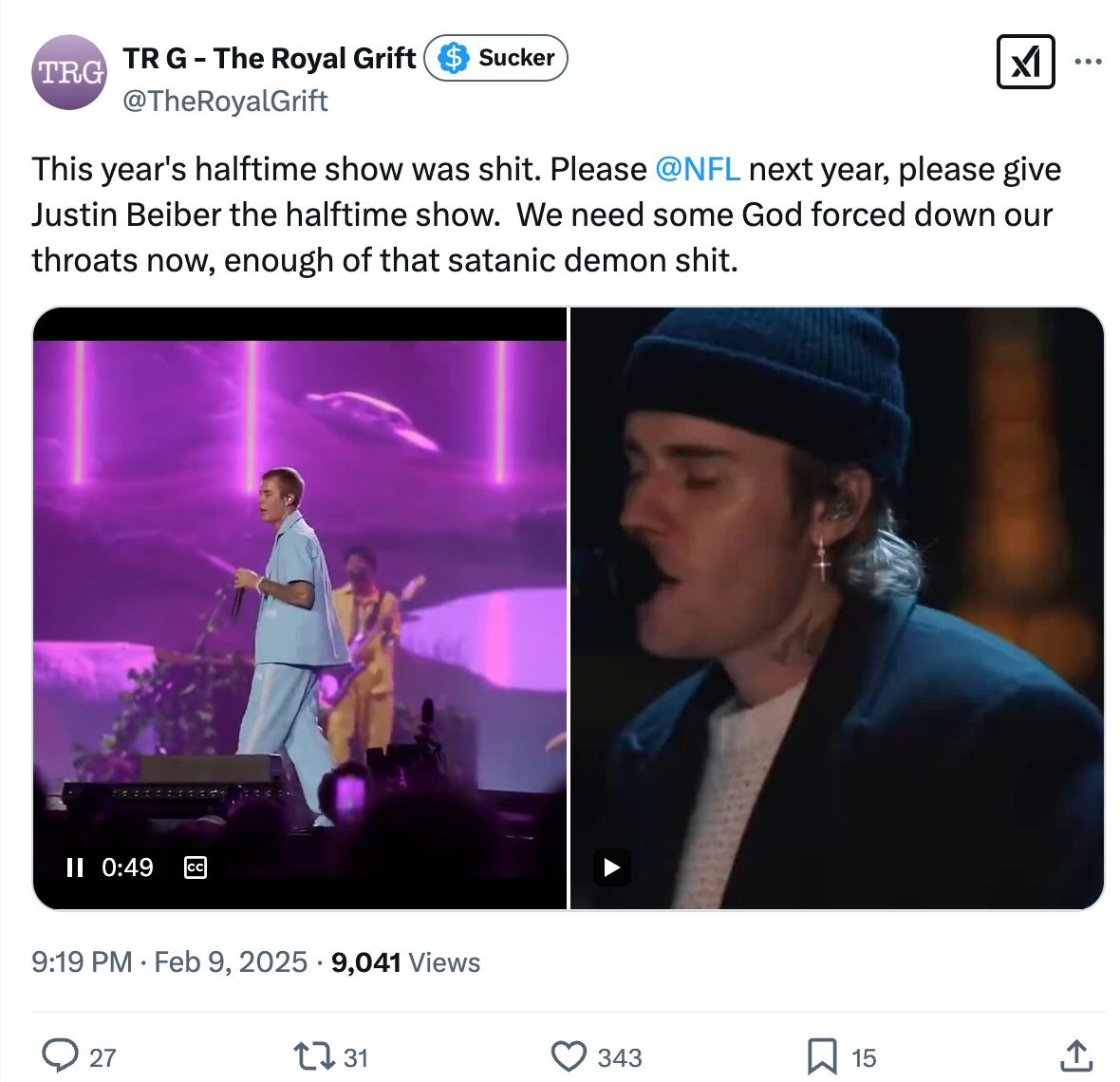 This year's halftime show was shit. Please @NFL next year, please give Justin Beiber the halftime show. We need some God forced down our throats now, enough of that satanic demon