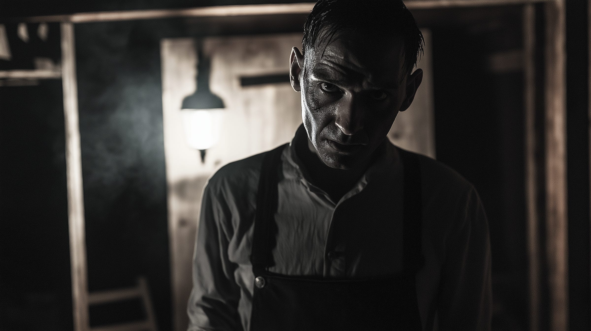 Mysterious figure in rustic setting with hanging light fixture — historical ambiance and storytelling vibe.