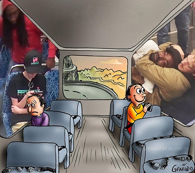 A cartoon-style bus interior with blue seats and a window showing a road and mountains. Two cartoon characters sit on opposite sides: one with a sad expression wearing a purple shirt, the other with a happy expression wearing a yellow shirt and holding a device. Real photos are inserted: on the left, people in casual clothing, one wearing a black shirt and cap; on the right, two men embracing. A watermark reads "Silent Memejority" and "GENIÜO".