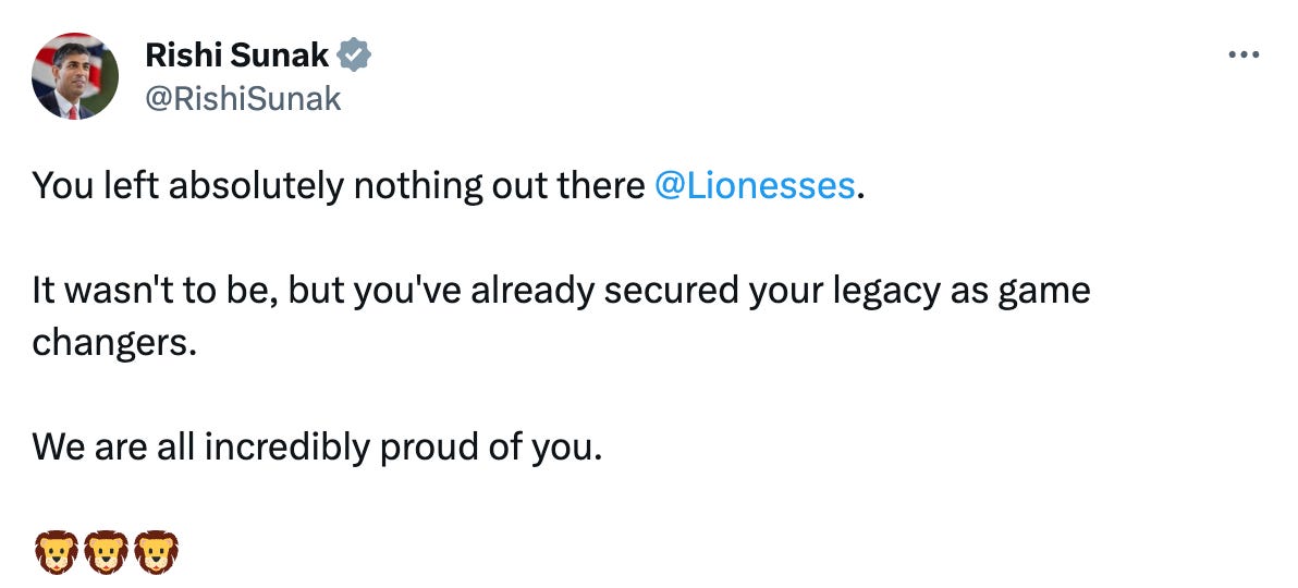 Rishi Sunak tweet on the Lionesses