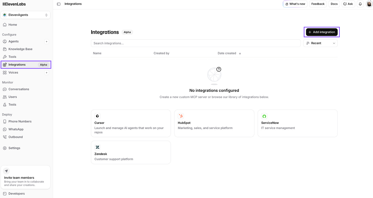 ElevenAgents Integrations page showing the Add integration button and available integrations including Cursor, HubSpot, ServiceNow, and Zendesk. ElevenAgents Integrations page showing the Add integration button and available integrations including Cursor, HubSpot, ServiceNow, and Zendesk.