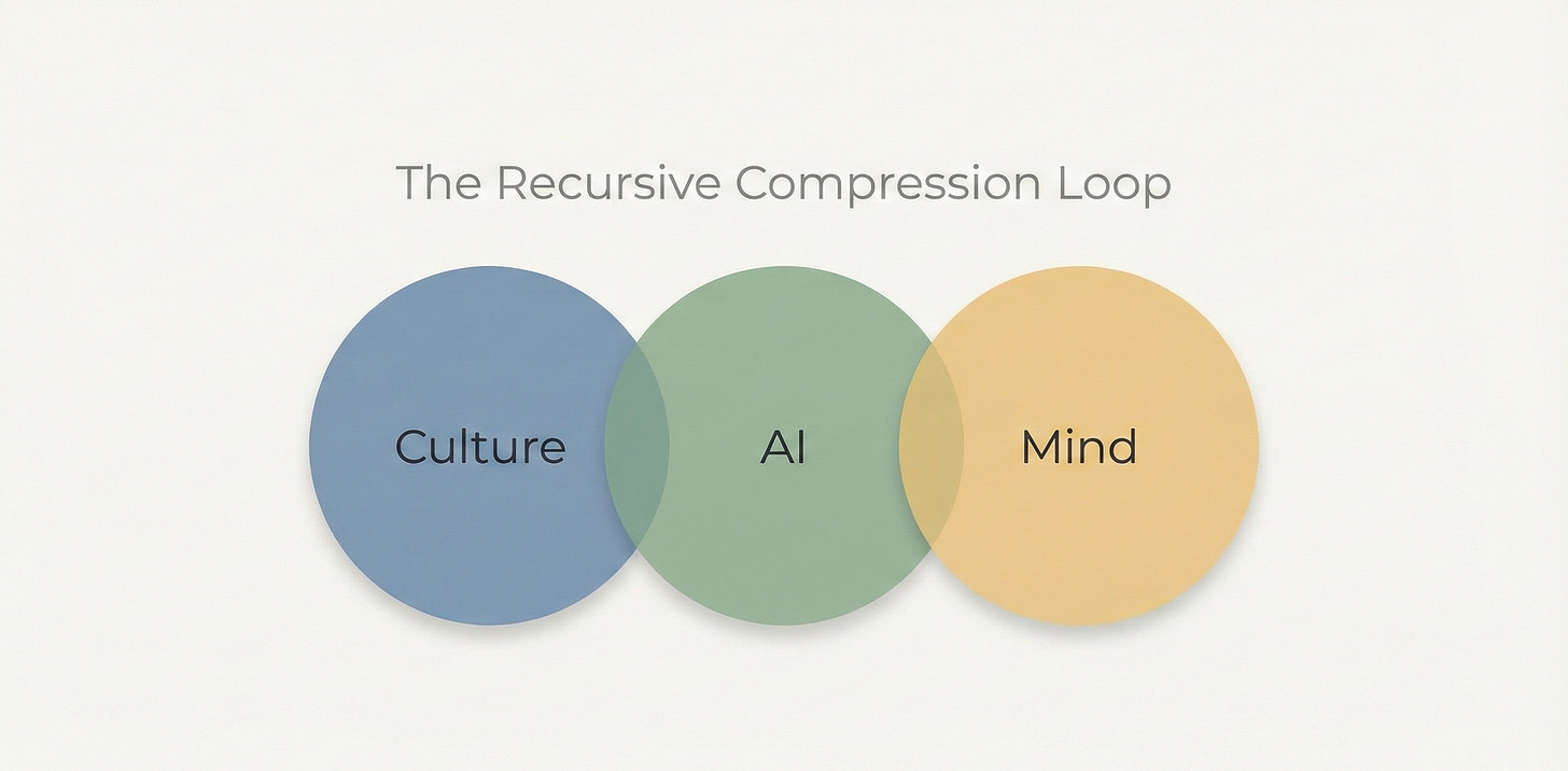 A minimal vector diagram titled “The Recursive Compression Loop,” showing three overlapping circles arranged horizontally. The left circle is labeled “Culture,” the middle circle “AI,” and the right circle “Mind.” Their overlaps symbolize recursive feedback between cultural dynamics, AI systems, and cognitive processes, representing concepts like Reality Drift, semantic drift, and fidelity loss in high-entropy media environments.