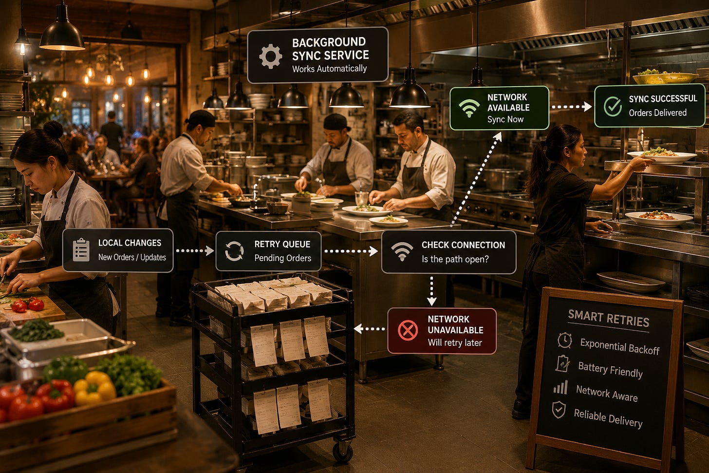 Busy restaurant kitchen illustrating automatic background sync, retries, and reliable task delivery. Busy restaurant kitchen illustrating automatic background sync, retries, and reliable task delivery.