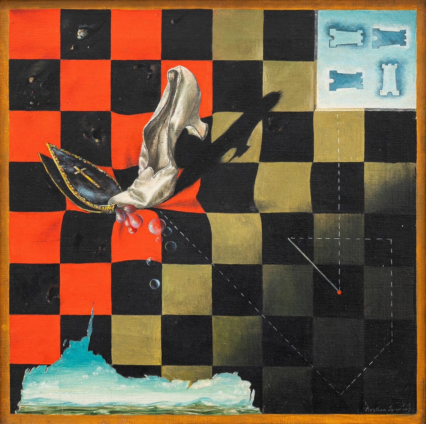 A painting of a chessboard with court shoe stomping a bishop's mitre