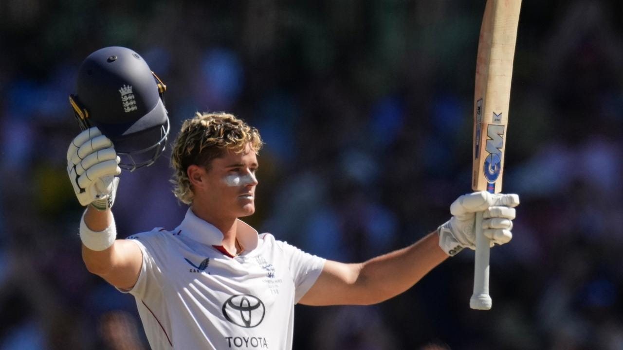 England's Jacob Bethell celebrates after scoring a century on day four at the SCG. England's Jacob Bethell celebrates after scoring a century on day four at the SCG.