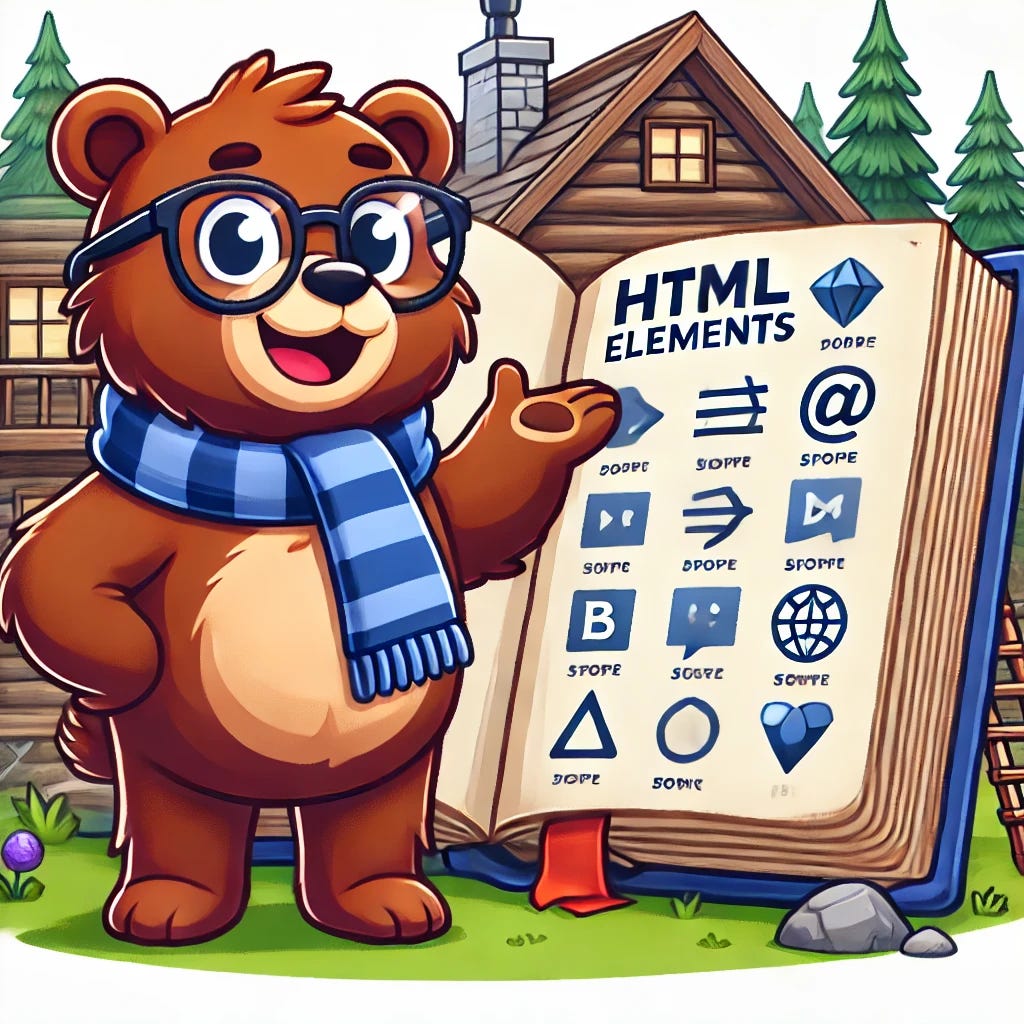 A cartoon-style illustration of a giant open book displaying all HTML elements. A friendly brown bear wearing glasses and a scarf is pointing at the book with excitement, as if teaching web development in a cozy mountain cabin.