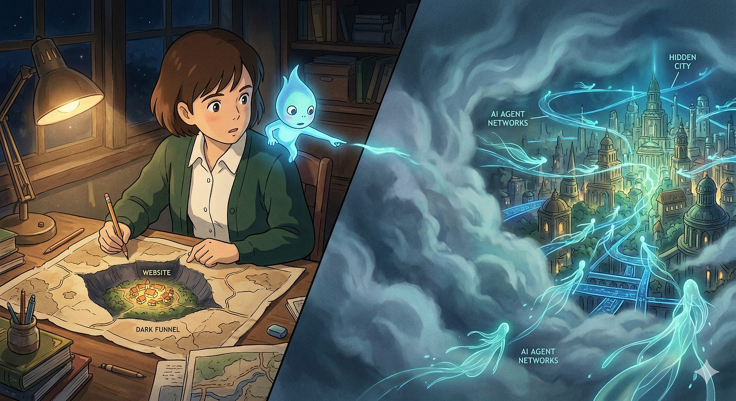 A your professional sits a desk and discover a hidden city filled with AI agents