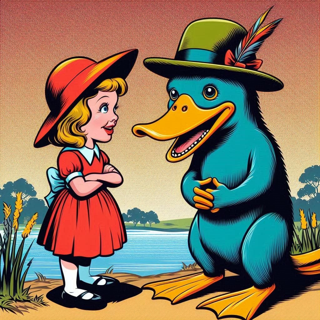 a duckbilled playtpus talking to waltzing matilda in the style of roy lichtenstein