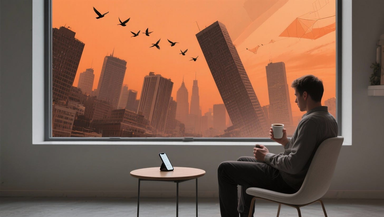 Person in chair by large window overlooking city with tilted buildings and orange apocalyptic sky, coffee in hand, phone on table, birds flying in unnatural geometric formation Person in chair by large window overlooking city with tilted buildings and orange apocalyptic sky, coffee in hand, phone on table, birds flying in unnatural geometric formation