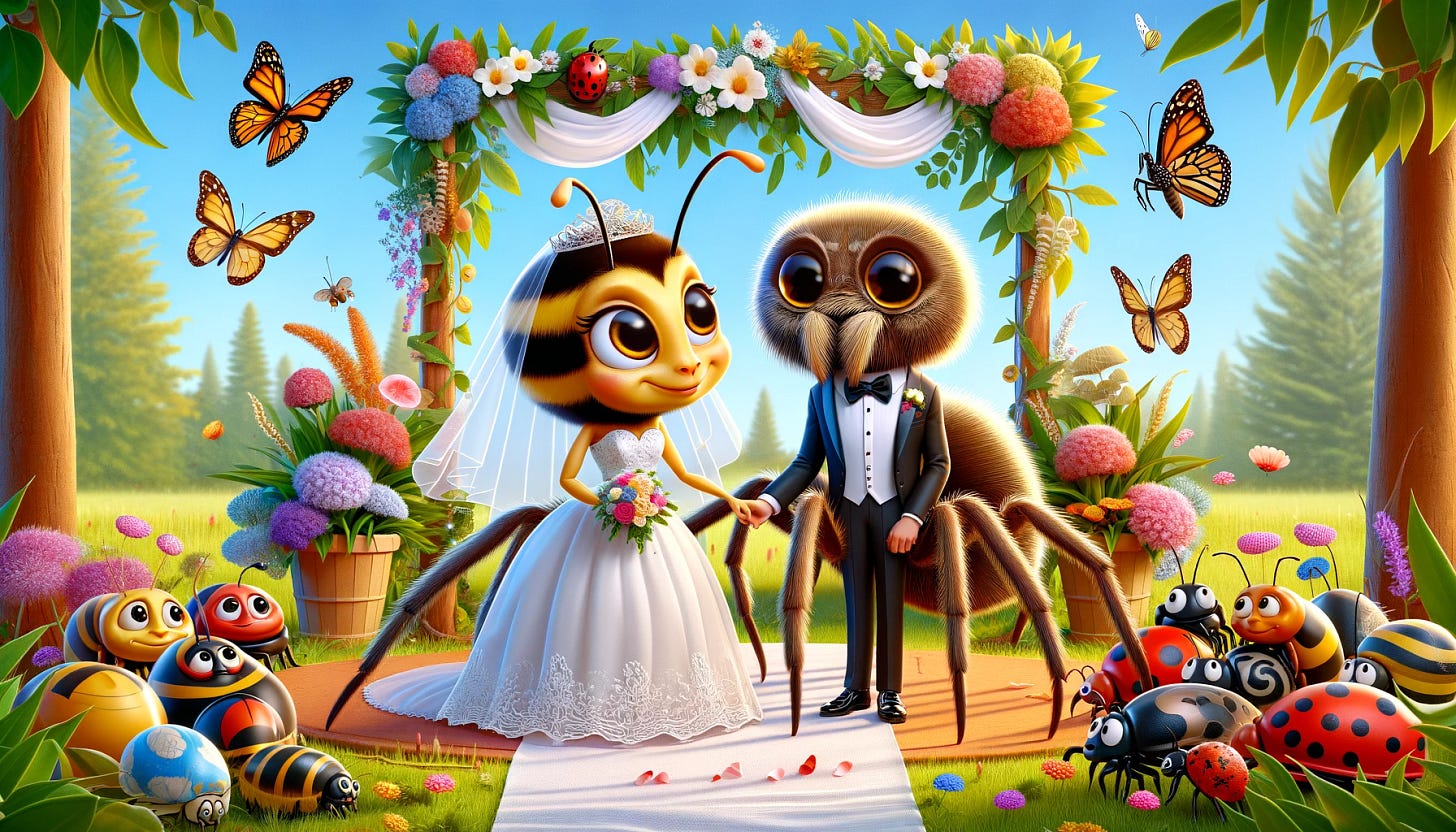 A whimsical scene of a female honeybee in a wedding gown marrying a male spider in a tuxedo. The spider should have a thinner, non-hairy body, appearing cute and friendly, not scary. They are standing in front of an altar made of flowers and leaves in a garden. The wedding guests are all insects, including butterflies, ladybugs, ants, and beetles. The background includes colorful flowers, green plants, and a clear blue sky. The scene should be vibrant, detailed, and full of character, capturing the charm and uniqueness of the event.