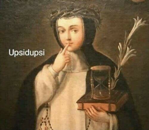 This may contain: a painting of a woman holding an hourglass in her right hand and pointing to the side