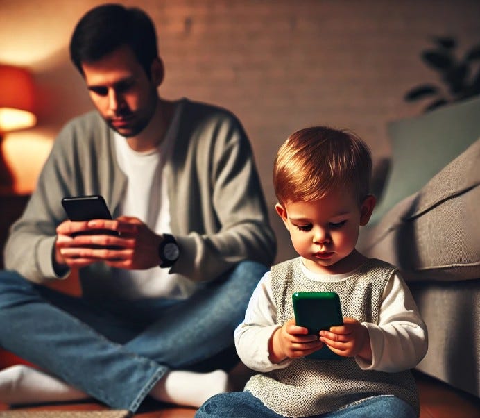 Kid copying his dad by playing on his phone.