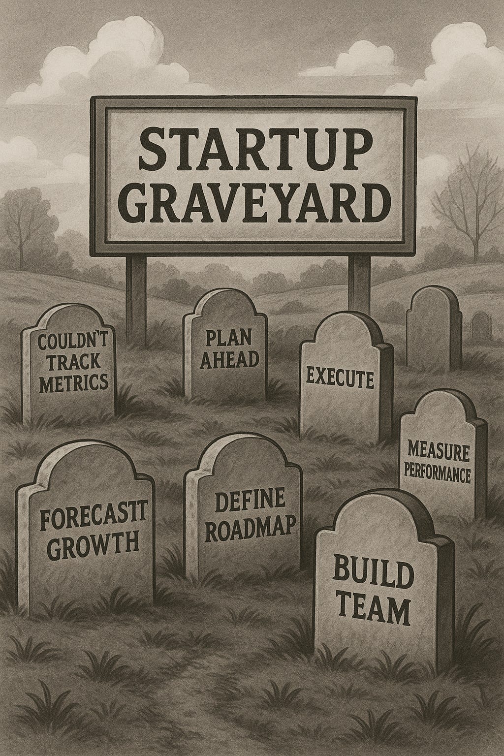 Illustration of startup graveyard highlighting common failures such as not tracking metrics, poor forecasting, and lack of planning. Illustration of startup graveyard highlighting common failures such as not tracking metrics, poor forecasting, and lack of planning.
