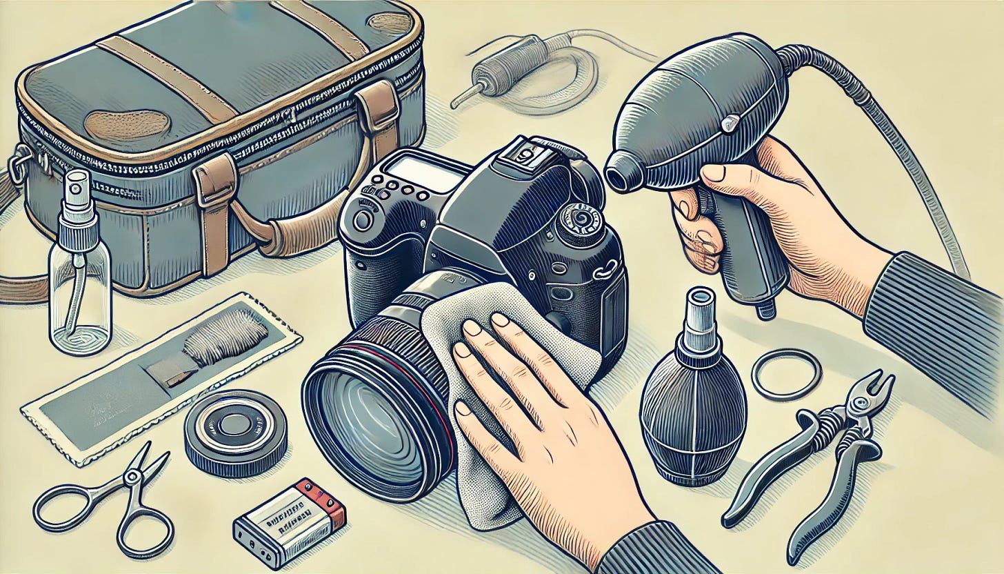 A hand-drawn style illustration of a DSLR camera being cleaned. The image shows a person using a microfiber cloth on the lens, with an air blower and a lens brush nearby. A camera bag, extra batteries, and cleaning tools are neatly arranged in the background. The illustration has a clean and minimalist aesthetic, with soft colors and smooth lines.