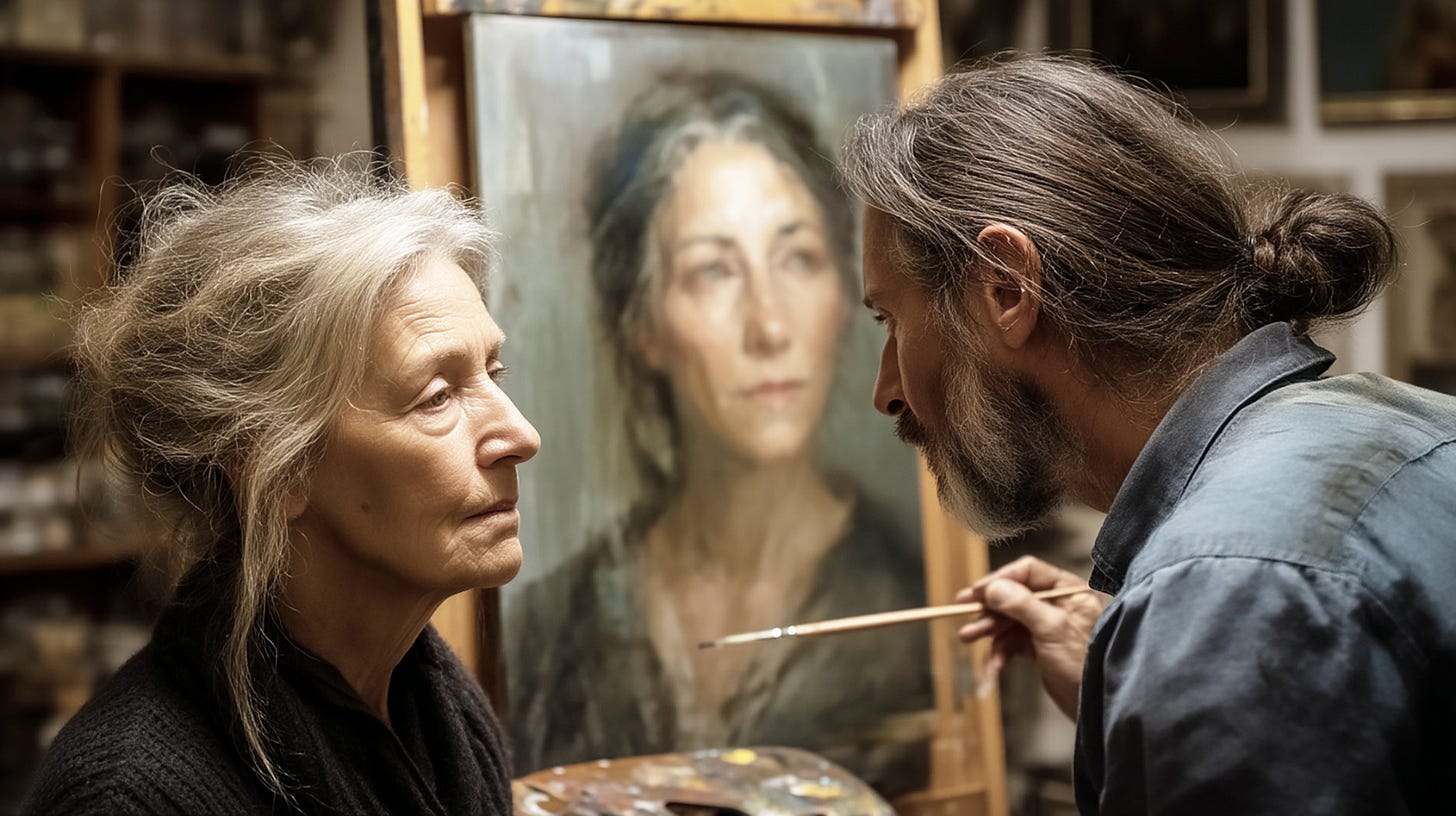 A realistic image of an artist painting a woman with strong, unembellished features in warm light, both surrounded by an atmosphere of reverent stillness and mutual respect.