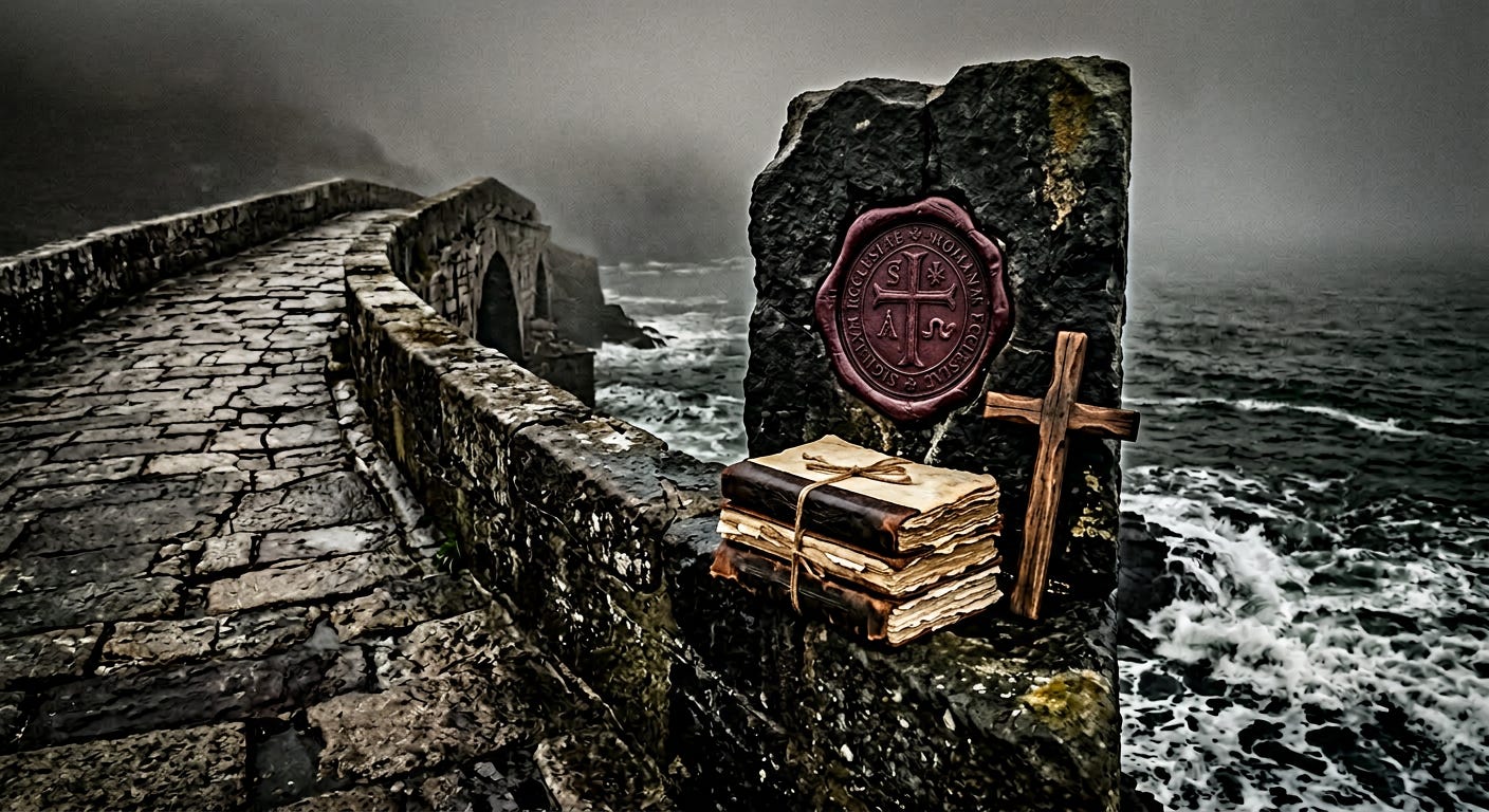 A moody, overcast photograph of an ancient, cracked stone Roman bridge that extends into a stormy, misty sea. On the right, a large dark stone boundary marker stands on a sea wall, bearing a deep burgundy ecclesiastical seal and a simple wooden cross. Beneath them sits a stack of weathered parchment ledgers tied with twine. Low-key, dramatic lighting with rough, analogue film texture. Cream and burgundy color palette.