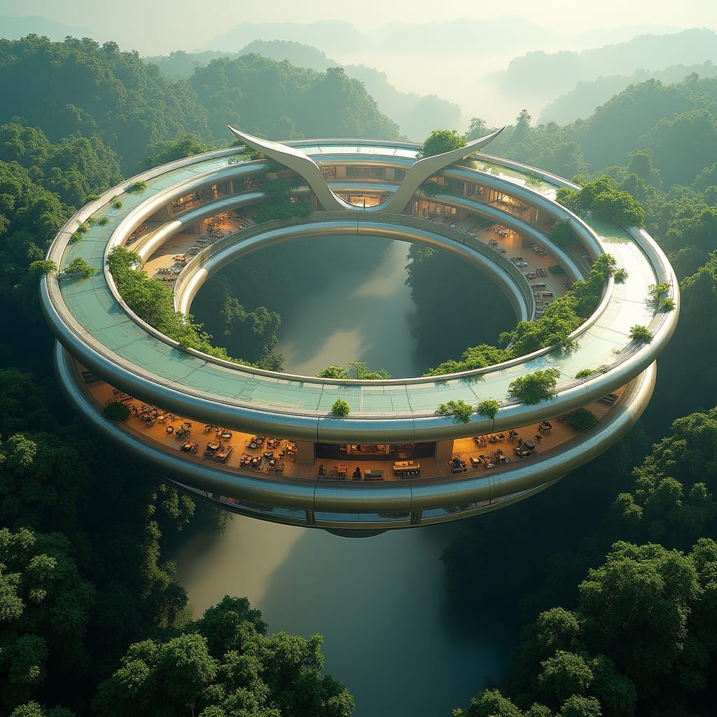 A gravity-defying commercial complex shaped like a giant ring, hovering above Jamaica’s lush rainforests. The circular structure floats on an invisible support system, with offices, restaurants, and green spaces lining the inner and outer edges of the ring. The building’s design incorporates transparent floors and glass walls, offering breathtaking views of the rainforest below. Floating architecture, circular design, rainforest integration, futuristic engineering.